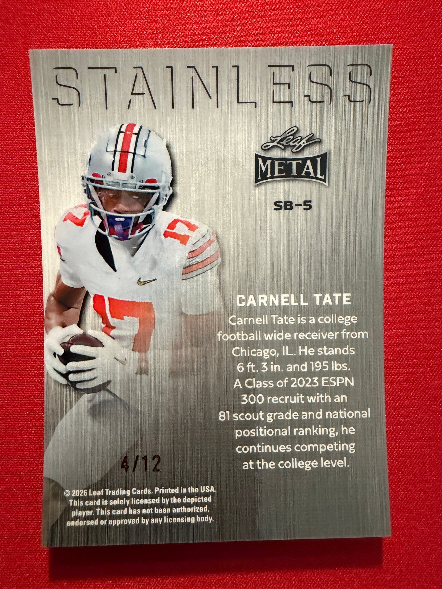 2026 Leaf Metal Football Carnell Tate Stainless Silver Crystal /12