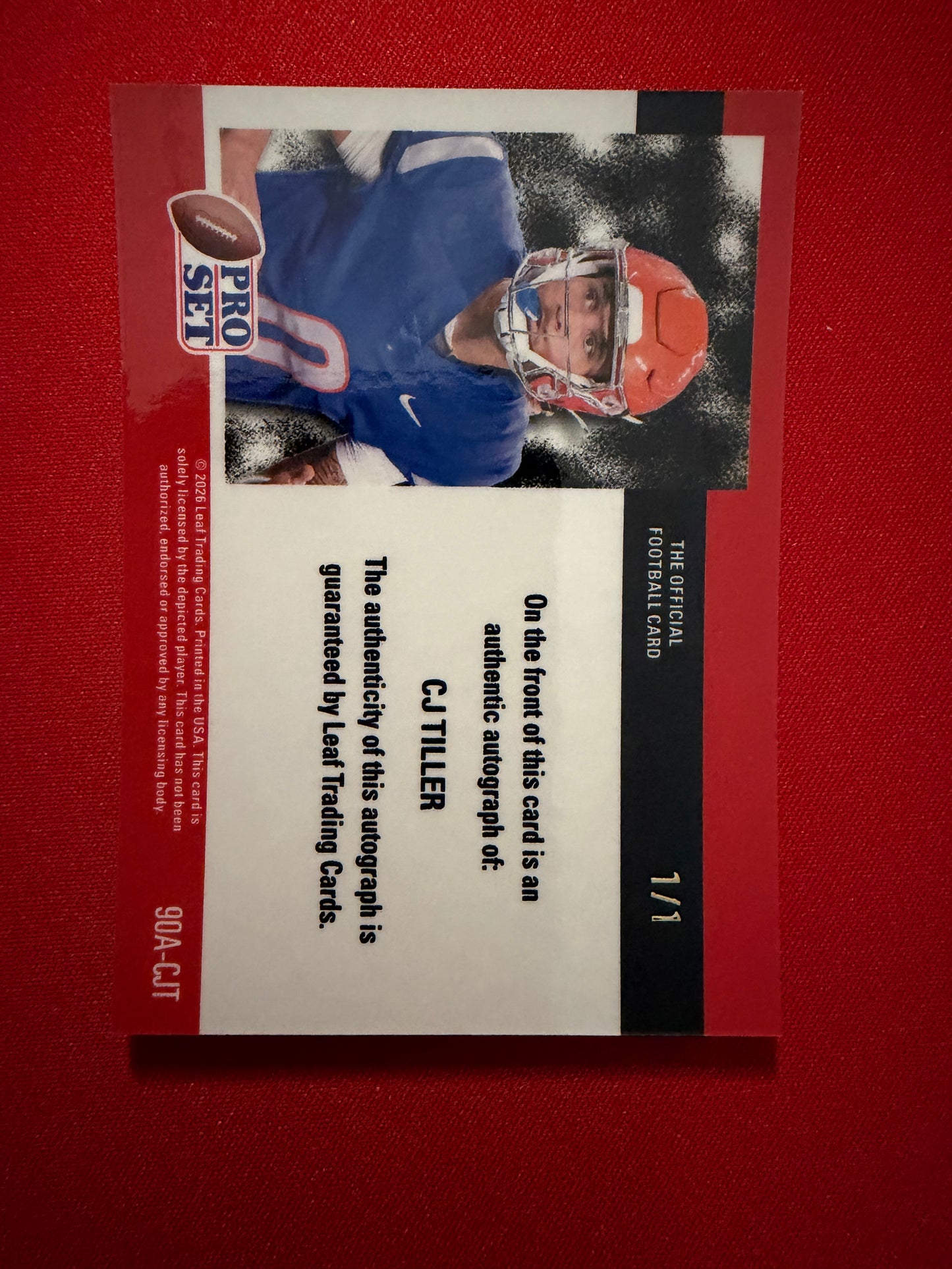 2026 Leaf Pro Set Metal Football CJ Tiller 1990 Auto Red White Blue 1/1