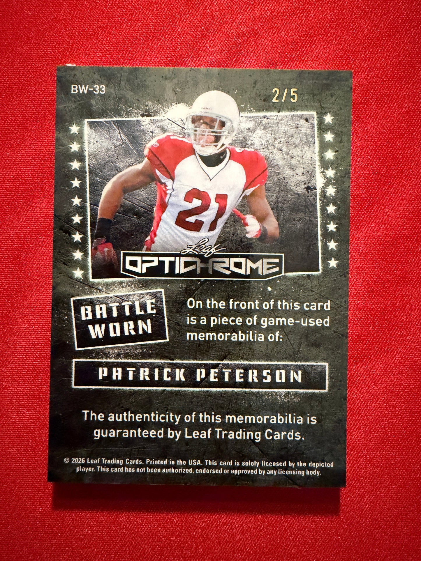 2026 Leaf Optichrome Football Battle Worn Patrick Peterson Game-Used 2/5