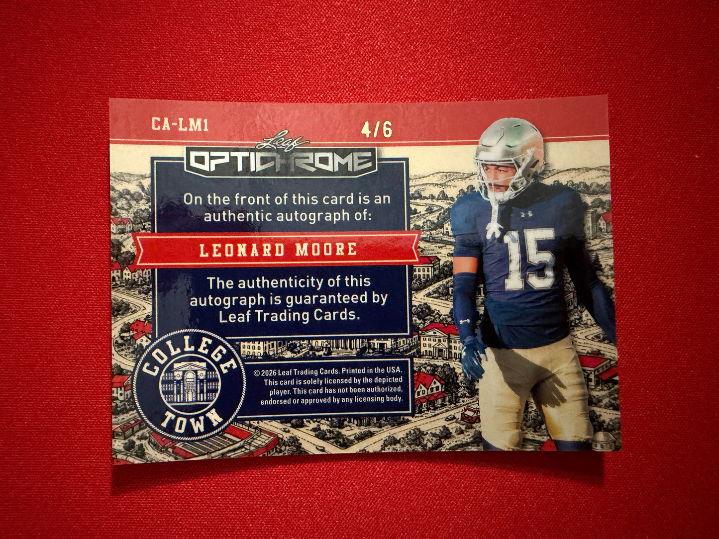 Leonard Moore 2026 Leaf Optichrome Football College Town Auto Pink /6