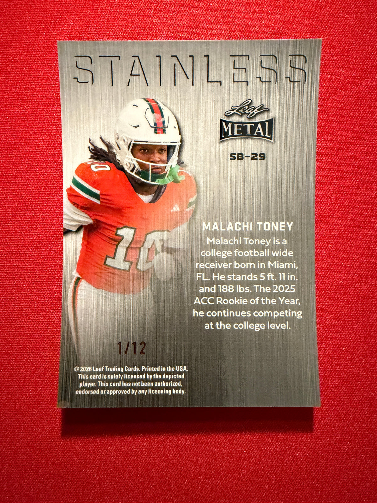 Malachi Toney 2026 Leaf Metal Football Silver Prismatic Stainless 1/12