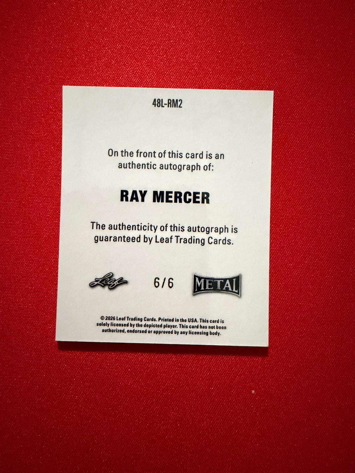 Ray Mercer 2026 Leaf Metal Ring Kings 1948 Auto Pink 6/6 Bookend