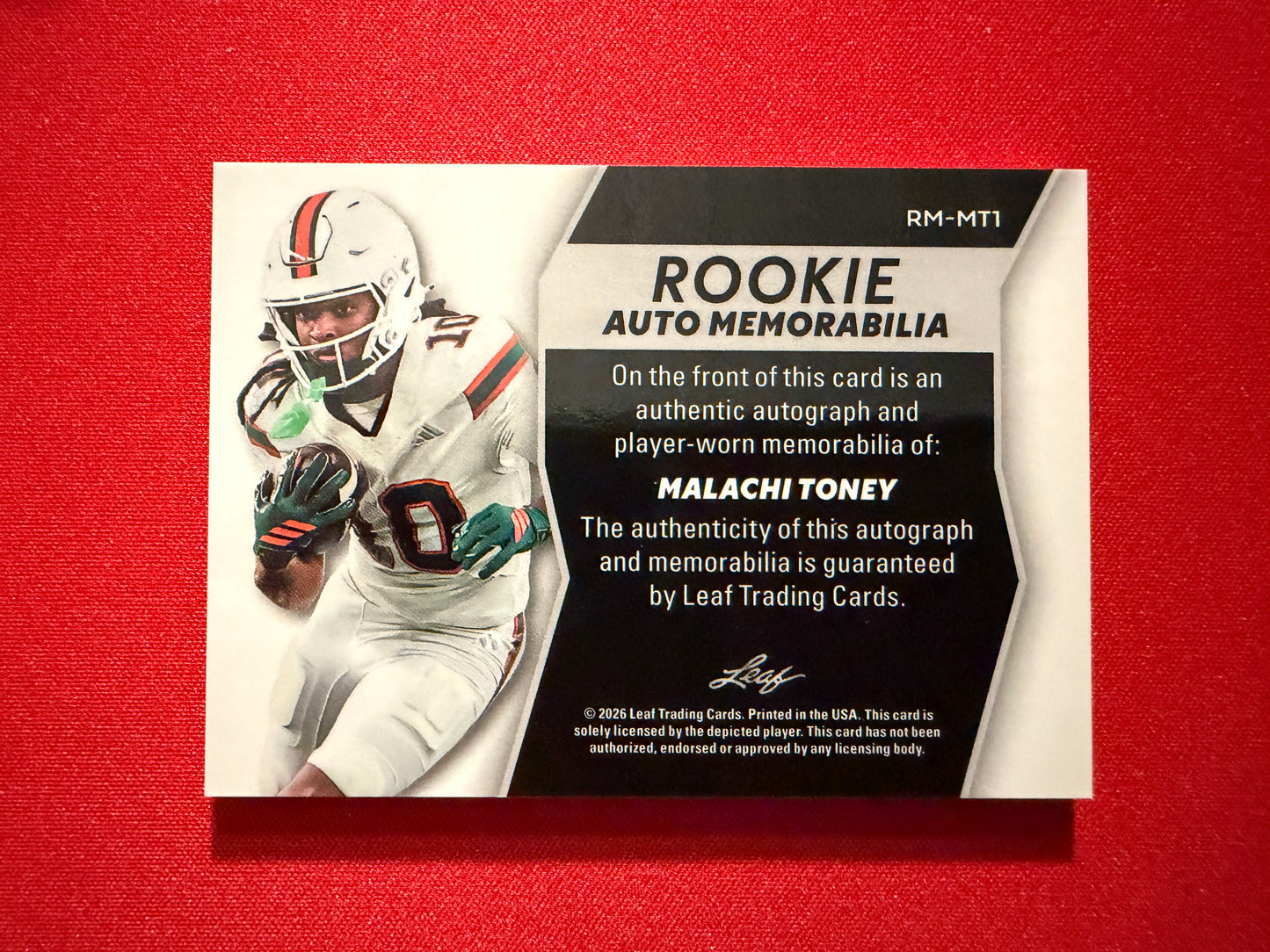 Malachi Toney 2026 Leaf Trinity Football Rookie Auto Memorabilia Multicolor Patch /25