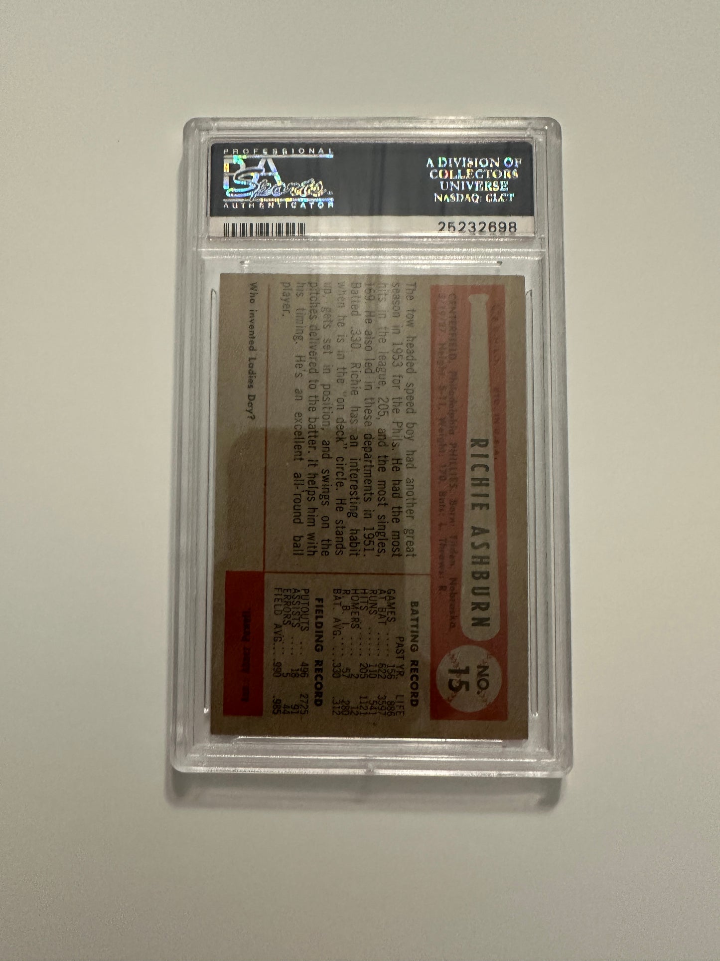 Richie Ashburn #15 PSA Graded EX-MT 6 (1954 Bowman)