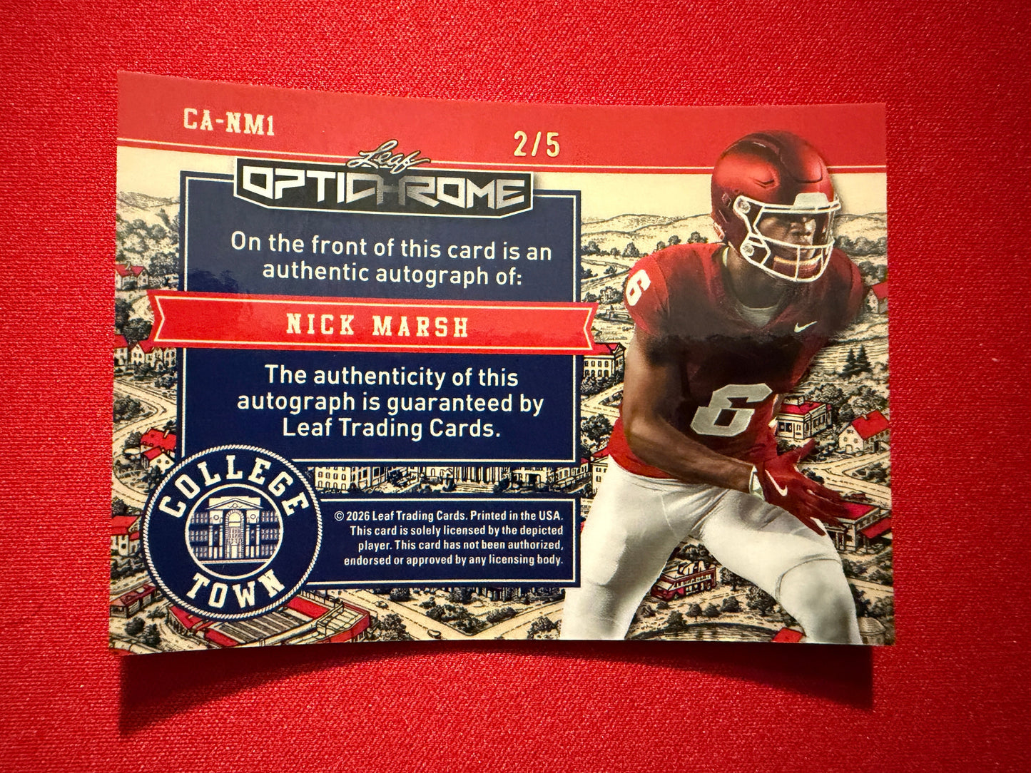 Nick Marsh 2026 Leaf Optichrome Football College Town Blue Prismatic /5