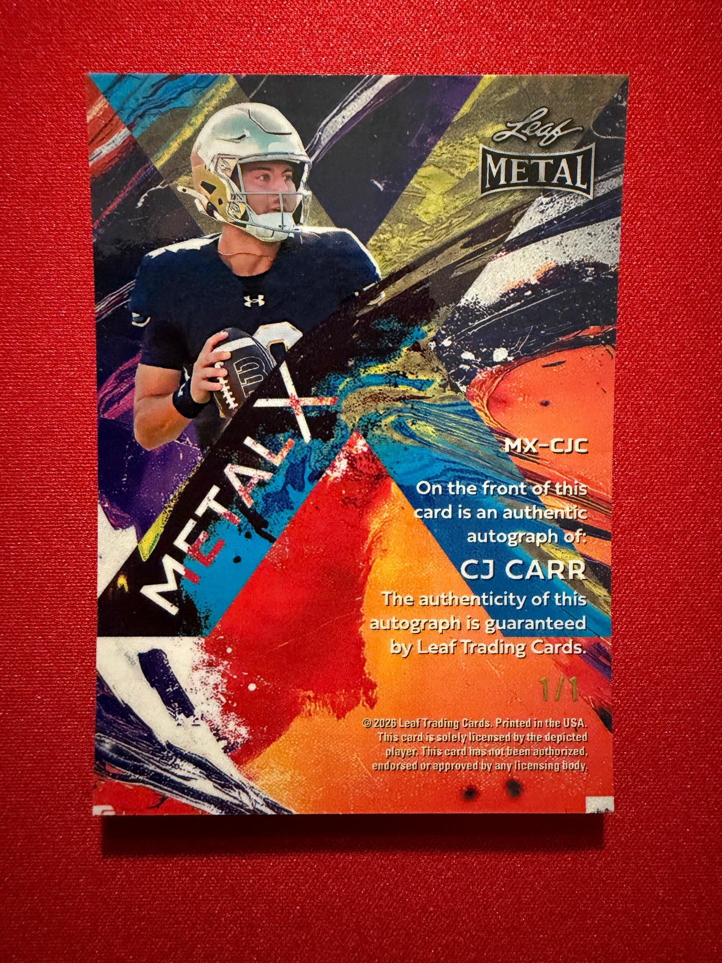 2026 Leaf Metal Football CJ Carr Metal X Auto Black Shimmer 1/1