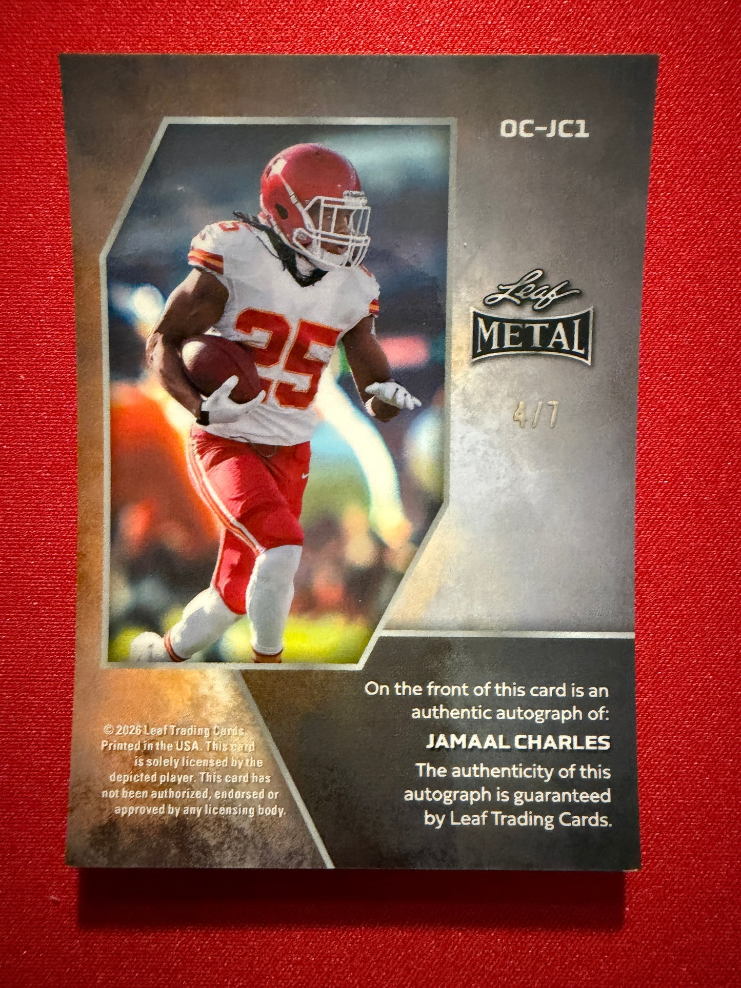 2026 Leaf Metal Football Jamal Charles On-Card Auto Platinum Prismatic /7