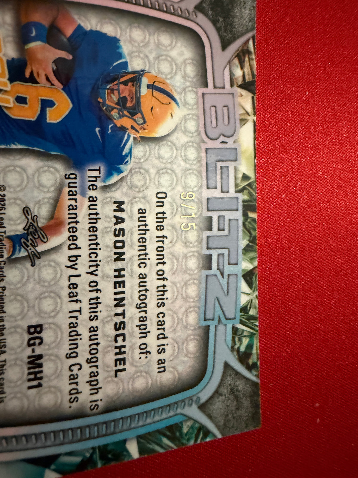 Mason Heintschel Leaf Paydirt Football Blitz Glitz Metal Auto SSP /15