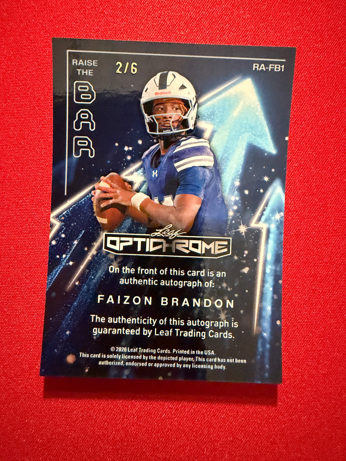2026 Leaf Optichrome Football Faizon Brandon Raise The Bar Auto Pink Crystal /6