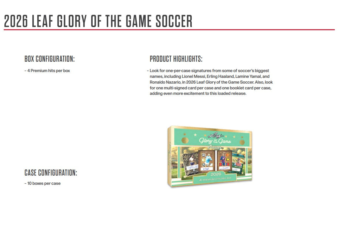 2026 Leaf Glory of the Game Soccer Hobby 10-Box Case