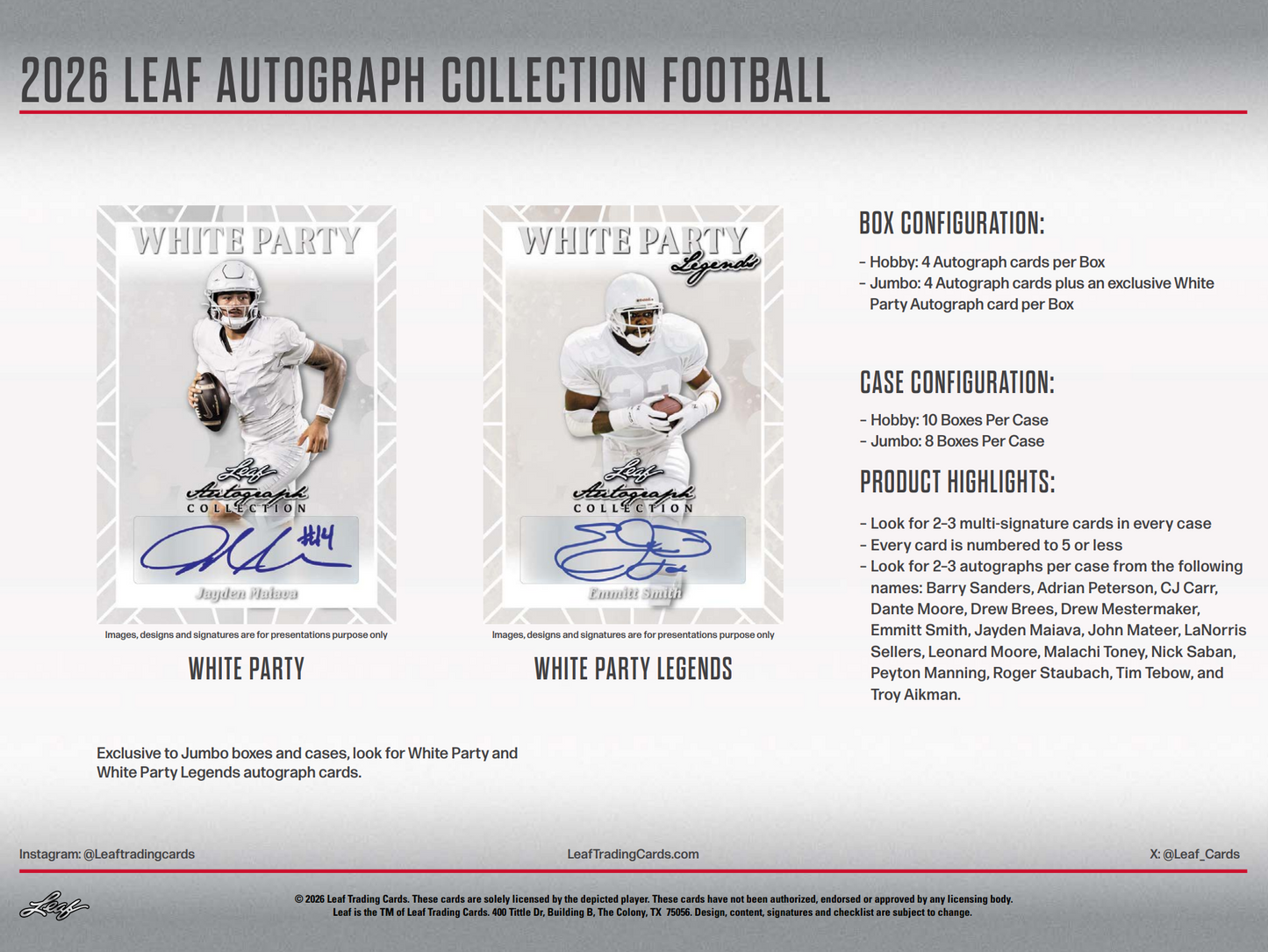 2026 Leaf Autograph Collection Football Jumbo Hobby 8-Box Case