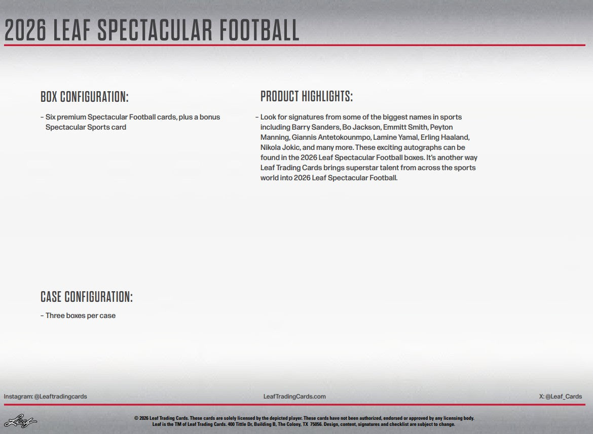 Leaf Spectacular Football Hobby 3-Box Case (2026)