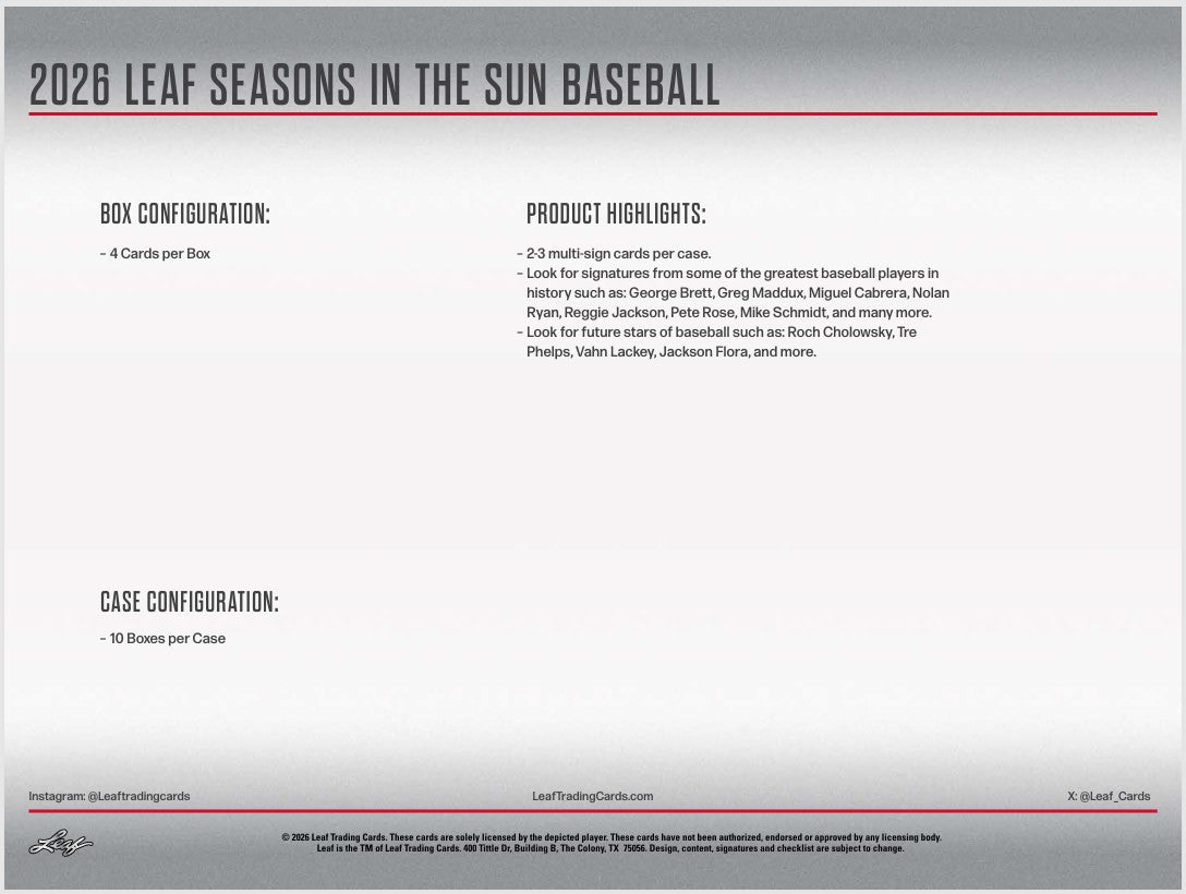 2026 Leaf Seasons In The Sun Baseball Hobby 10-Box Case