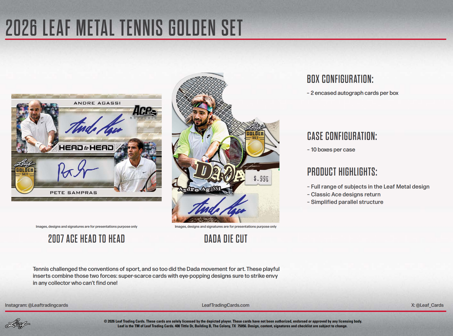 2026 Leaf Metal Tennis Golden Set 10-Box Case - 20 Encased Autographs