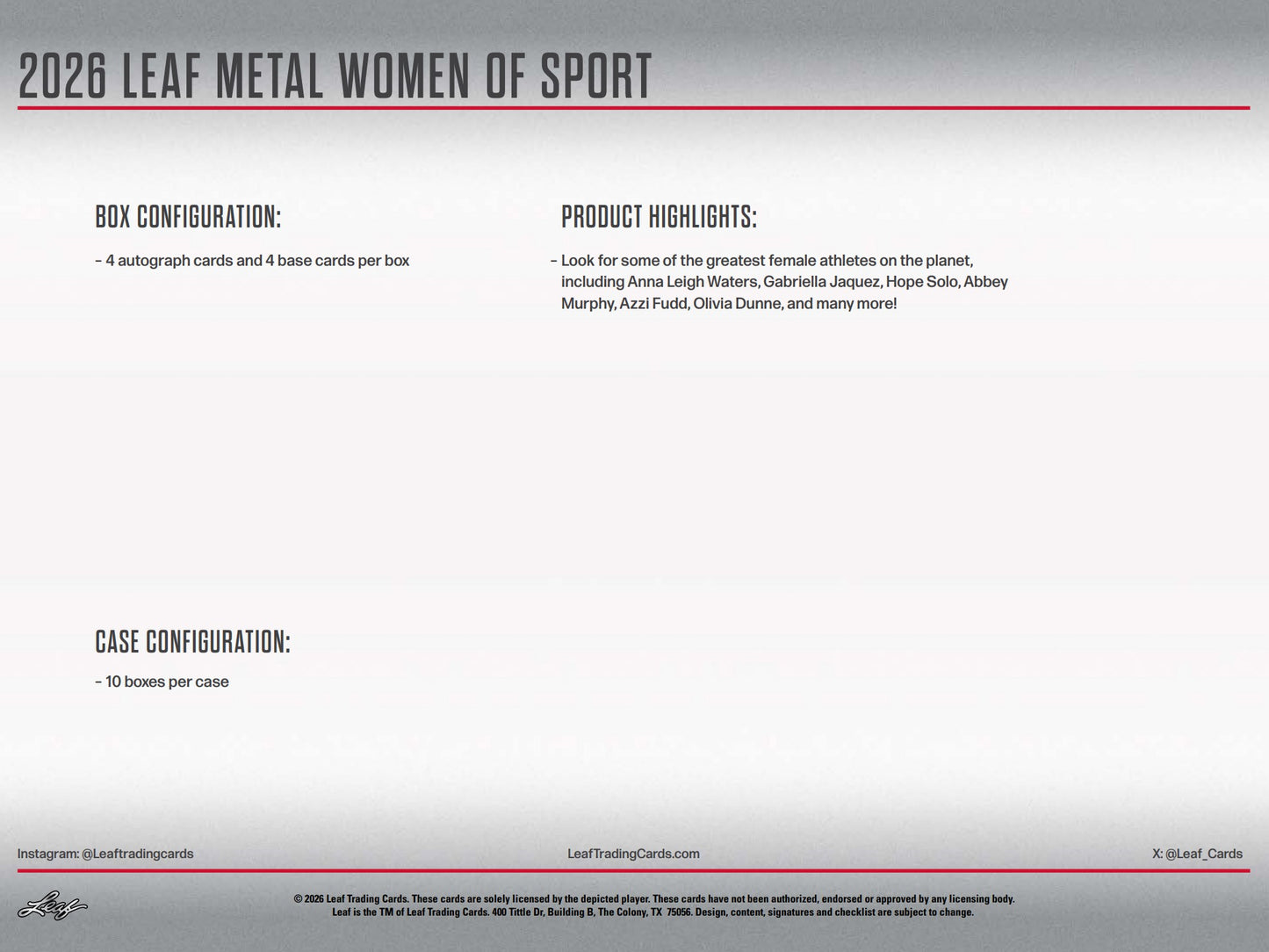 2026 Leaf Metal Women of Sport Hobby 10-Box Case