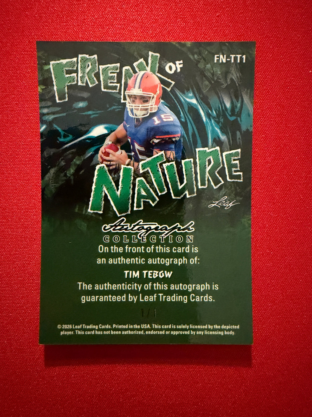 Tim Tebow 2026 Leaf Autograph Collection Football Freak of Nature Auto 1/1