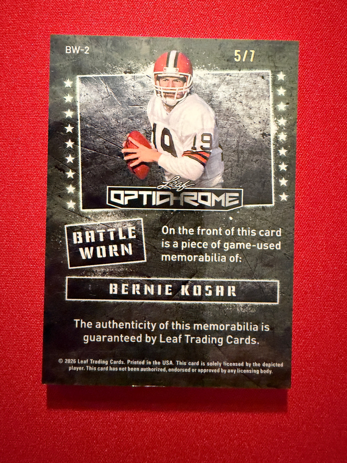 Bernie Kosar 2026 Leaf Optichrome Football Battle Worn Game-Used Patch /7