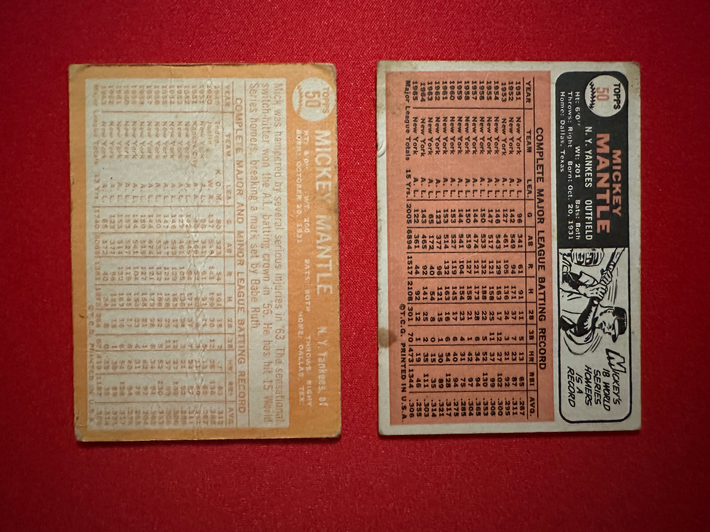 MICKEY MANTLE 2-Card Lot - 1964 Topps #50 & 1966 Topps #50 - Low Grade