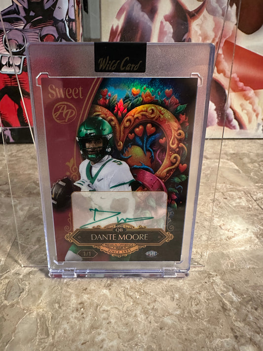 Dante Moore 2026 Wild Card Sweet "Wild Art" True 1/1 Encased Green Ink Auto