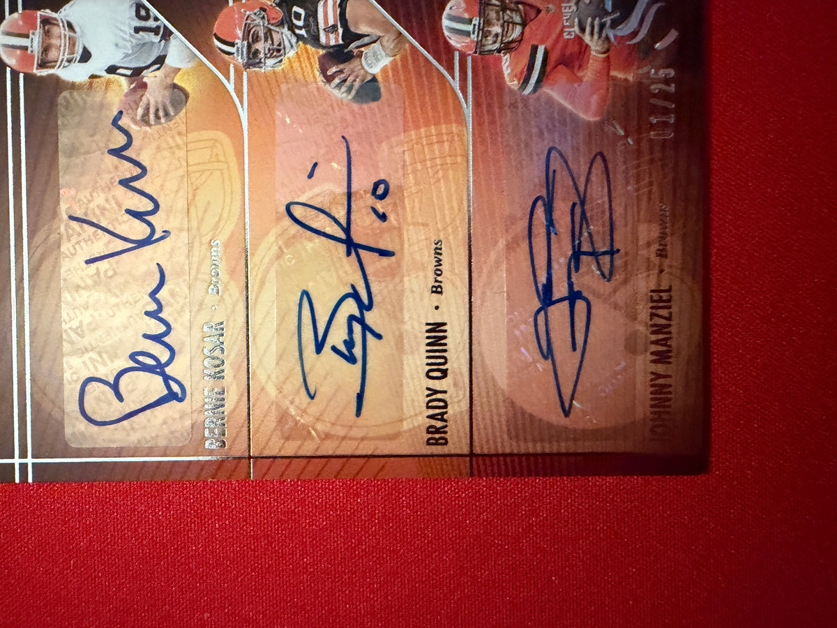 Bernie Kosar Brady Quinn Manziel 2025 Panini Silhouette Triple Autographs 1/25 Bookend