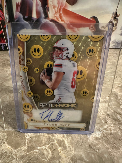 Tyler Huff 2026 Leaf Optichrome Football Smiley Have a Nice Day Gold Super Prismatic 1/1 Autograph
