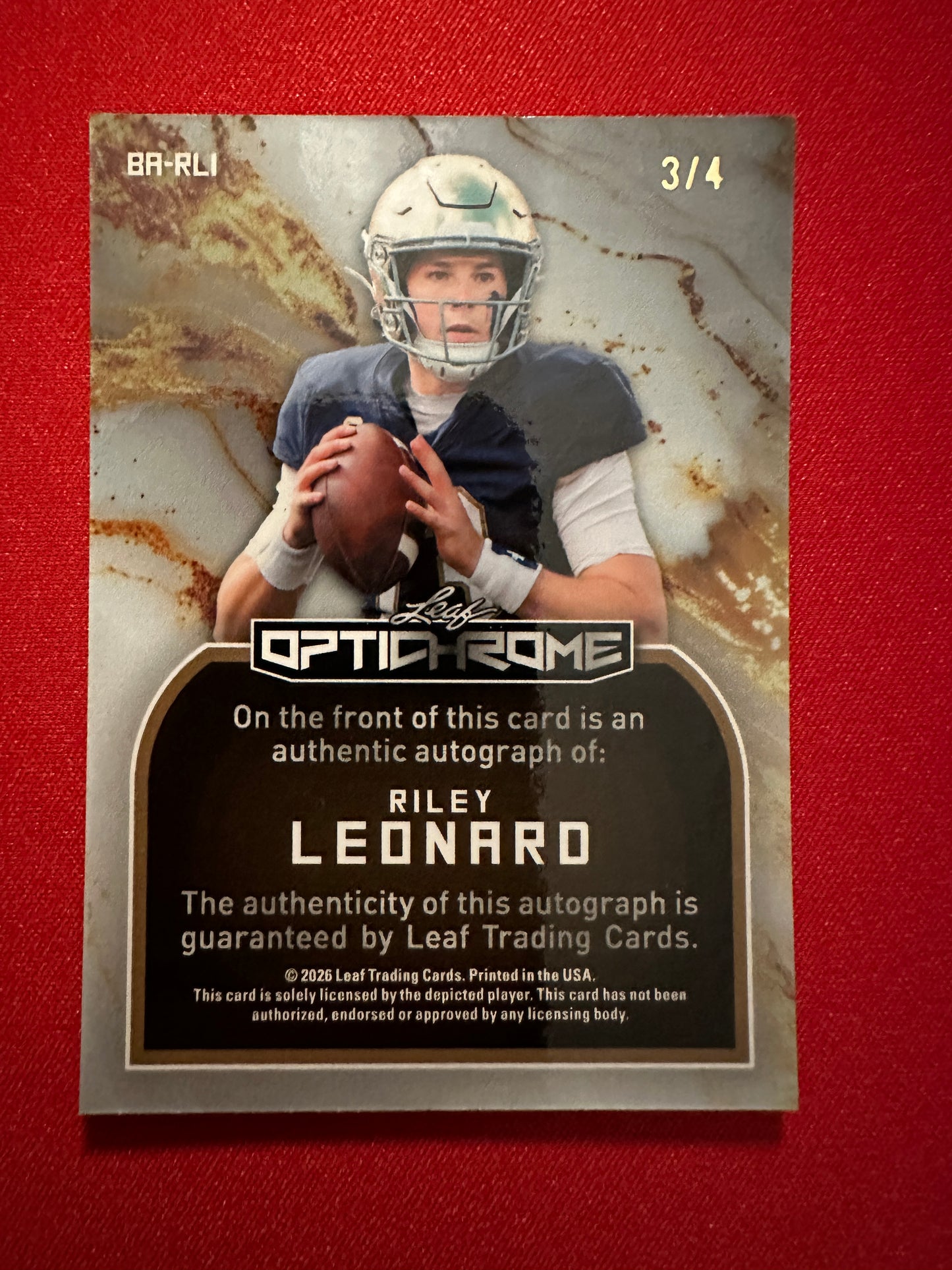 2026 Leaf Optichrome Football Riley Leonard Red Shimmer Auto /4