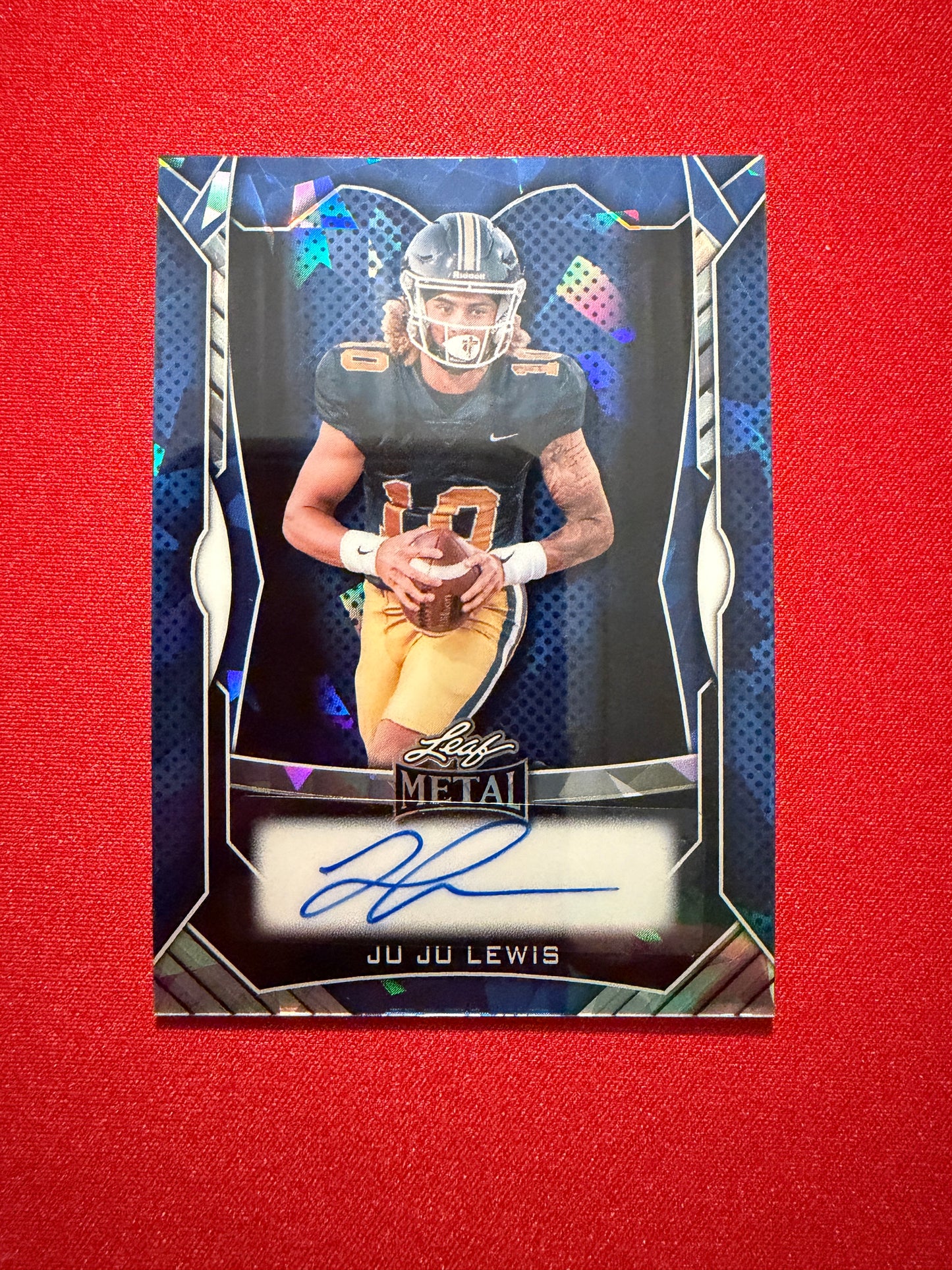 Juju Lewis 2026 Leaf Trinity Football Metal Auto Blue Crystal /30