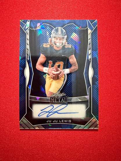 Juju Lewis 2026 Leaf Trinity Football Metal Auto Blue Crystal /30