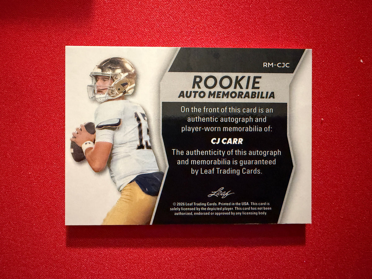 CJ Carr 2026 Leaf Trinity Rookie Auto Mem Black Gold Under Armor Logo Patch 1/1