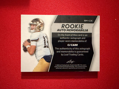 CJ Carr 2026 Leaf Trinity Rookie Auto Mem Black Gold Under Armor Logo Patch 1/1