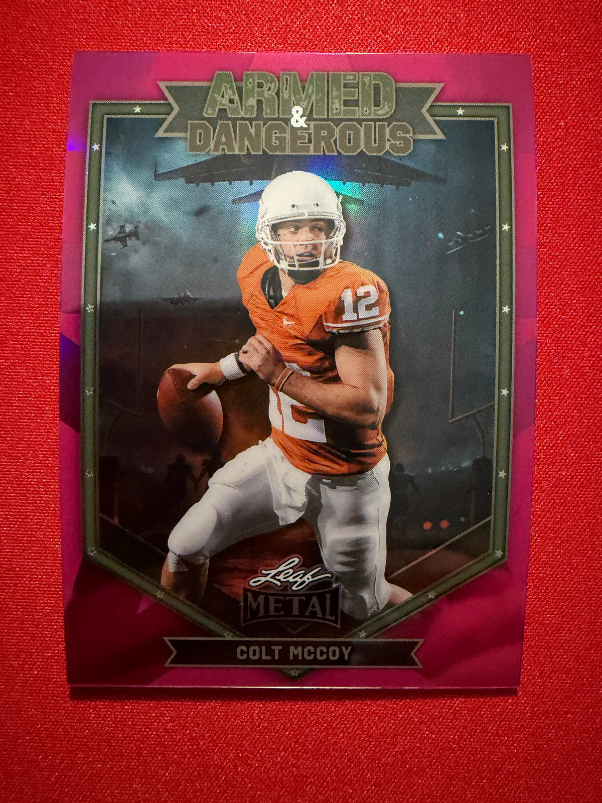 2026 Leaf Metal Colt McCoy Stainless Auto Red Flood Super 1/1 2-Card Lot