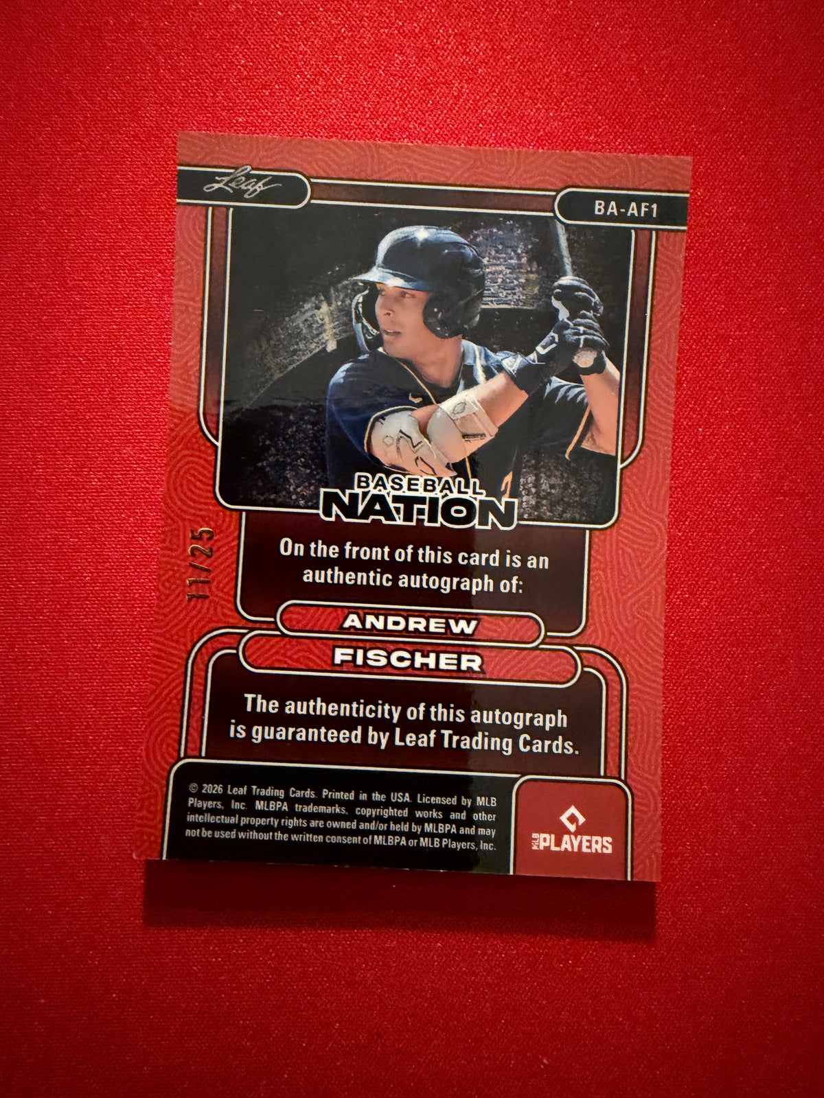2026 Leaf Baseball Nation Andrew Fischer Base Auto Silver Cracked Ice /25