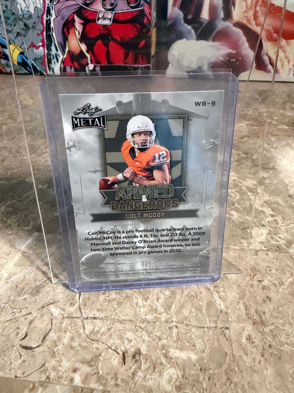 2026 Leaf Metal Colt McCoy Stainless Auto Red Flood Super 1/1 2-Card Lot