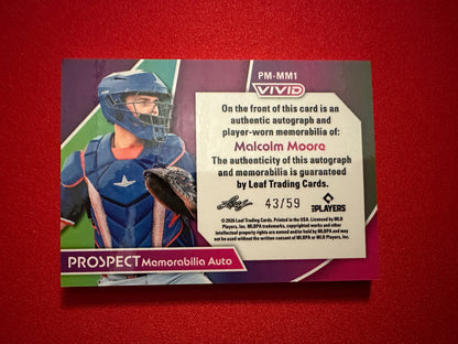 Malcolm Moore 2026 Leaf Vivid Baseball Prospect Memorabilia Auto Teal /59