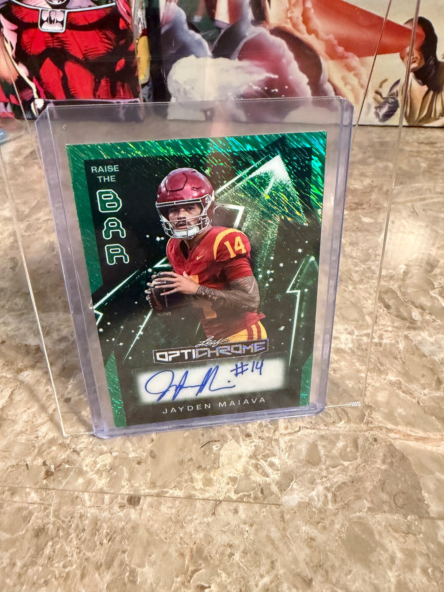 2026 Leaf Optichrome Football Jayden Maiava Raise the Bar Auto Green Shimmer 1/3