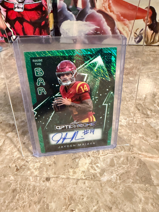 2026 Leaf Optichrome Football Jayden Maiava Raise the Bar Auto Green Shimmer 1/3