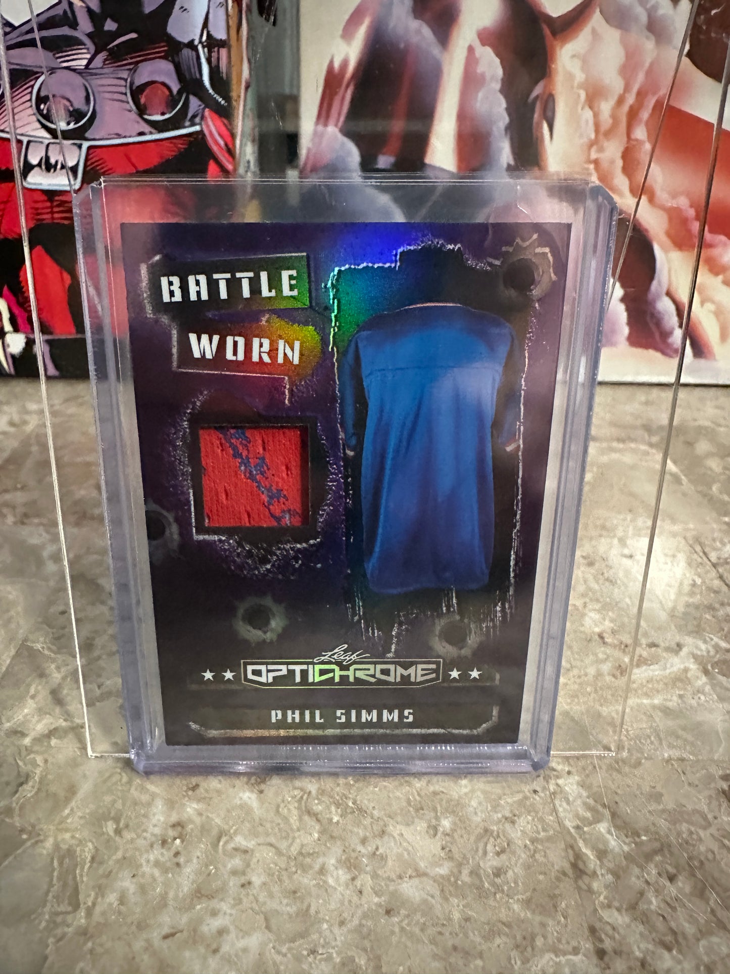 Phil Simms 2026 Leaf Optichrome Battle Worn Purple Prismatic Game-Used Patch /7
