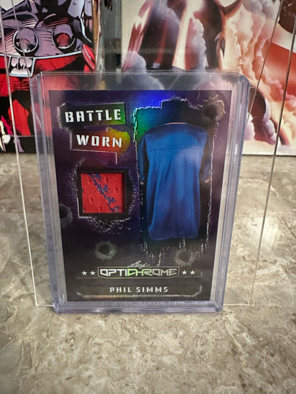 Phil Simms 2026 Leaf Optichrome Battle Worn Purple Prismatic Game-Used Patch /7