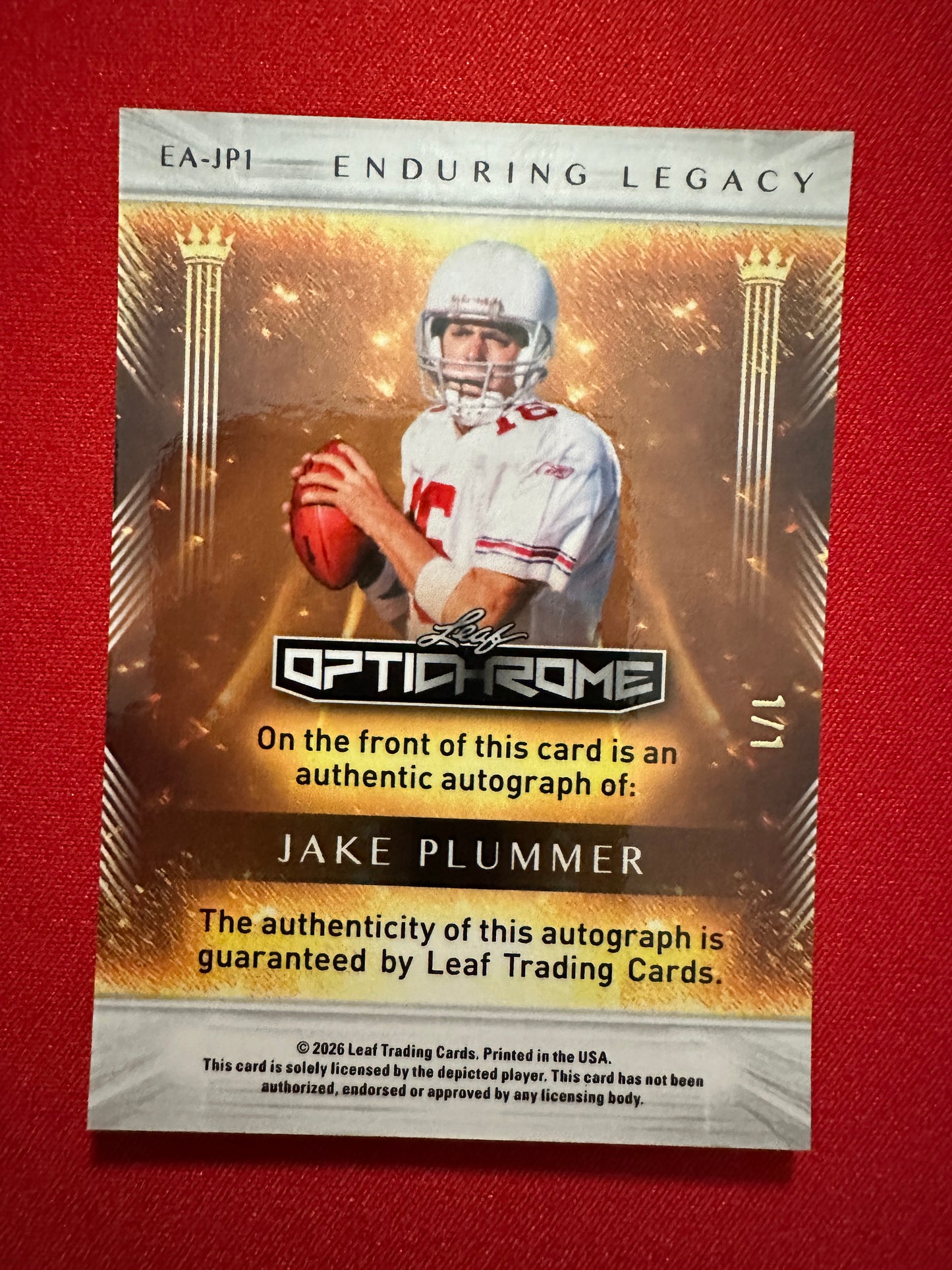 2026 Leaf Optichrome Football Jake Plummer Enduring Legacy Gold Auto 1/1