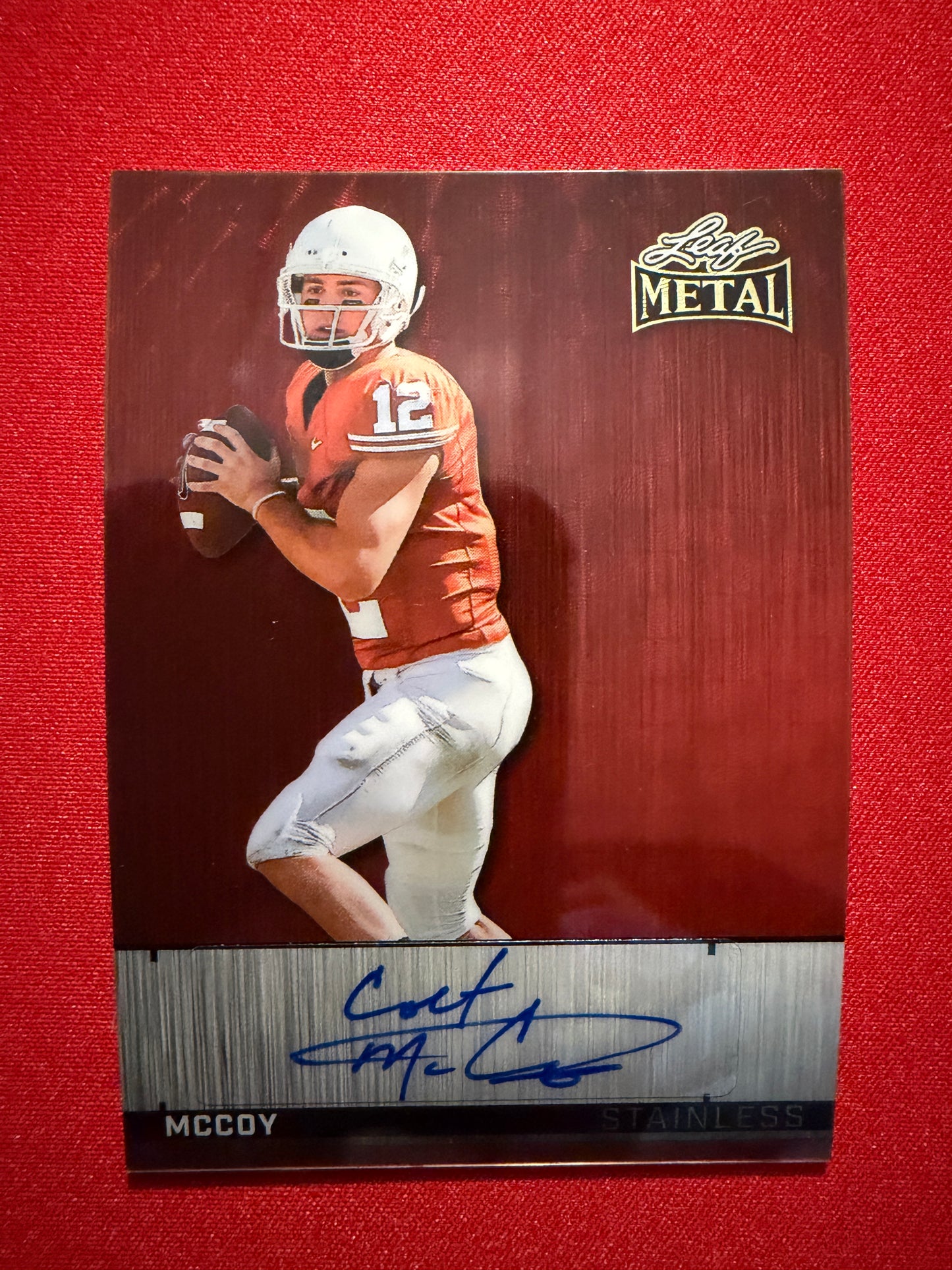 2026 Leaf Metal Football Colt McCoy Stainless Auto Red Flood Super Prismatic 1/1