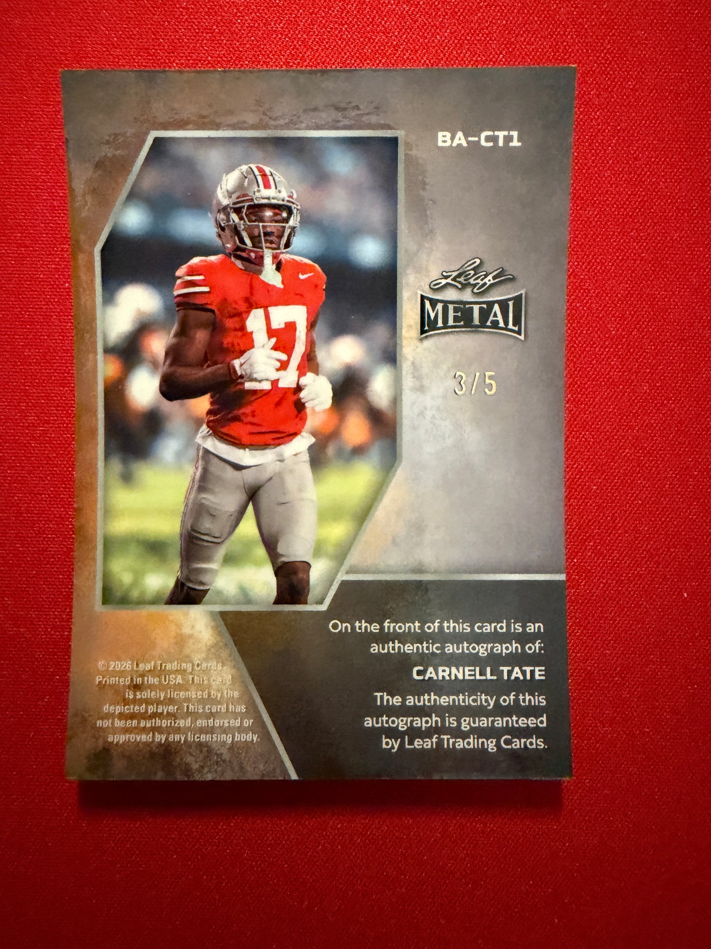2026 Leaf Metal Football Carnell Tate Auto Blue Prismatic /5