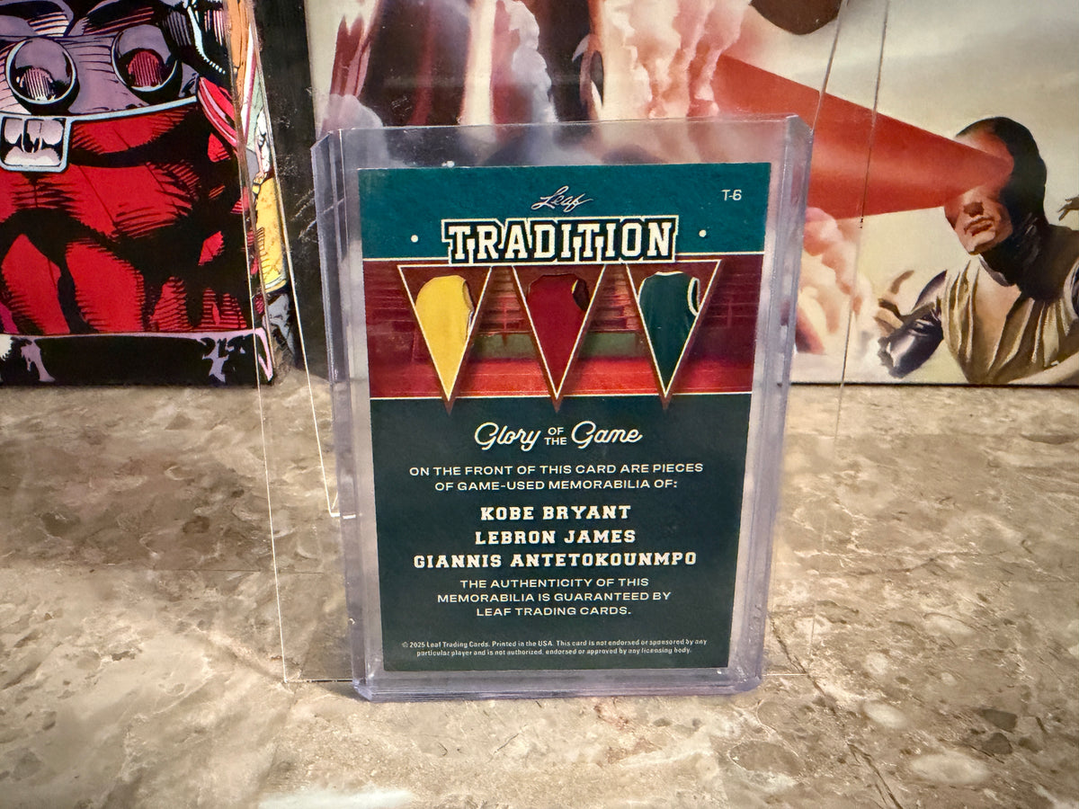 Kobe Bryant LeBron James Giannis 2025 Leaf Glory of the Game Basketball Tradition Triple Game-Used Relic /30