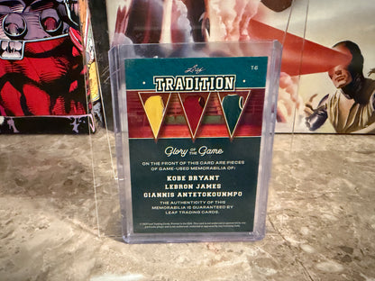 Kobe Bryant LeBron James Giannis 2025 Leaf Glory of the Game Basketball Tradition Triple Game-Used Relic /30
