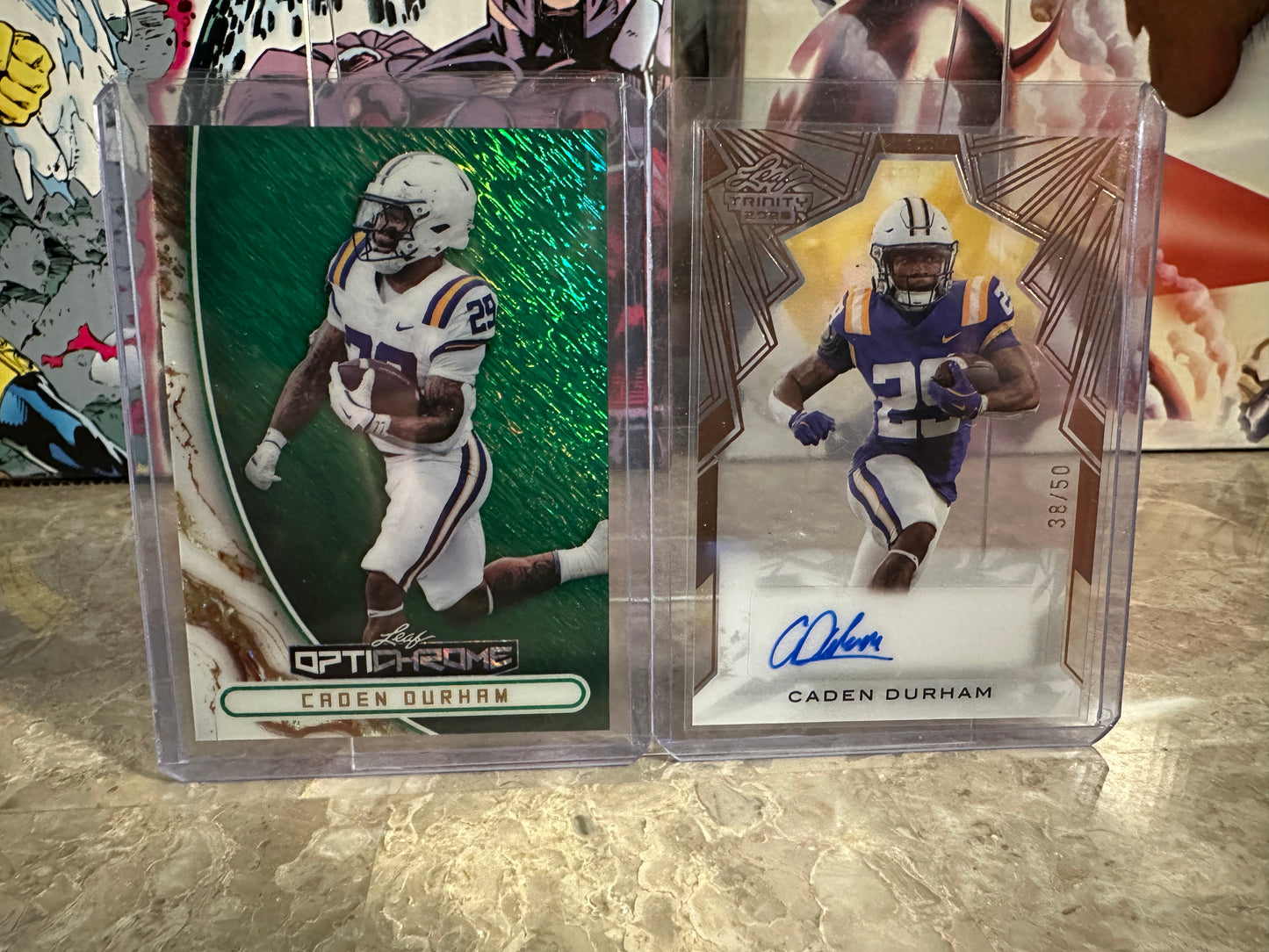 Caden Durham 2-CARD LOT 2026 Leaf Optichrome 1/1 Green Shimmer & Trinity Auto /50
