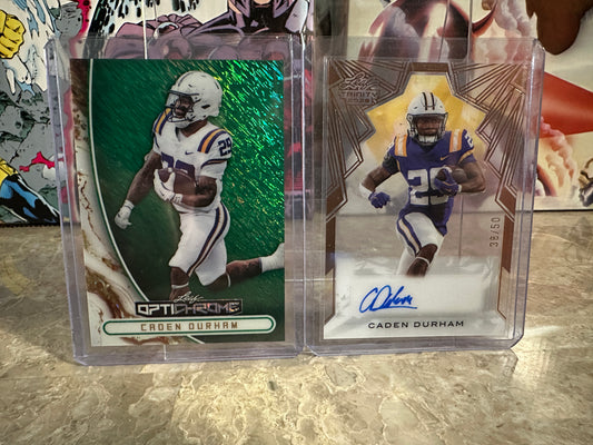 Caden Durham 2-CARD LOT 2026 Leaf Optichrome 1/1 Green Shimmer & Trinity Auto /50