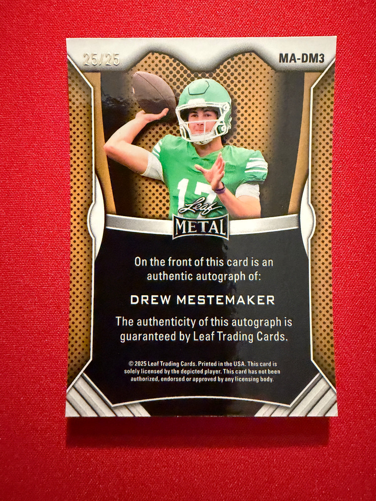 Drew Mestemaker 2026 Leaf Trinity Football Metal Auto On-Card Red 25/25 Bookend