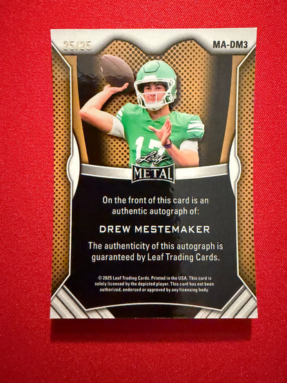 Drew Mestemaker 2026 Leaf Trinity Football Metal Auto On-Card Red 25/25 Bookend