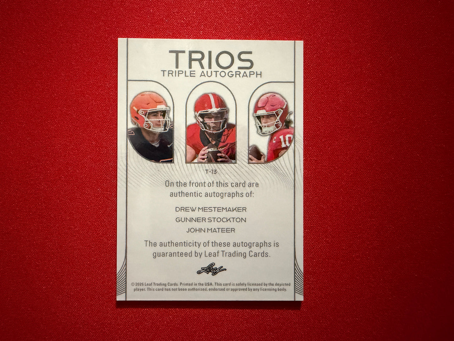 Mestemaker Stockton Mateer 2026 Leaf Trinity Football Trios Triple Auto /5