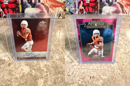 2026 Leaf Metal Football Colt McCoy Stainless Auto Red Flood Super Prismatic 1/1 2-Card Lot