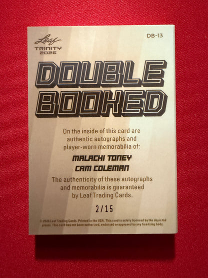Malachi Toney Cam Coleman 2026 Leaf Trinity Double Booked Dual Patch Auto /15